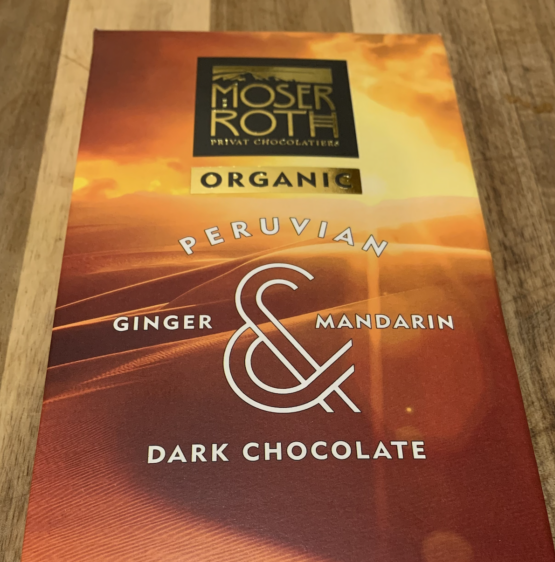 Moser Roth Organic Peruvian Ginger and Mandarin Dark Chocolate.