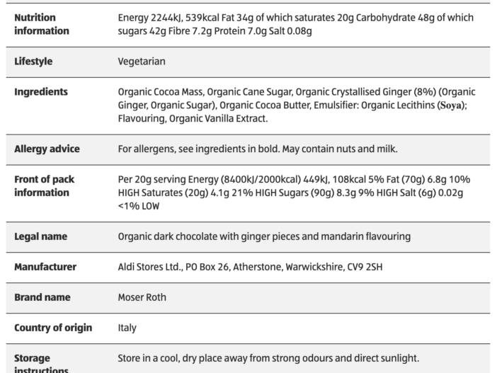 Moser Roth Dark Chocolate ingredients.
